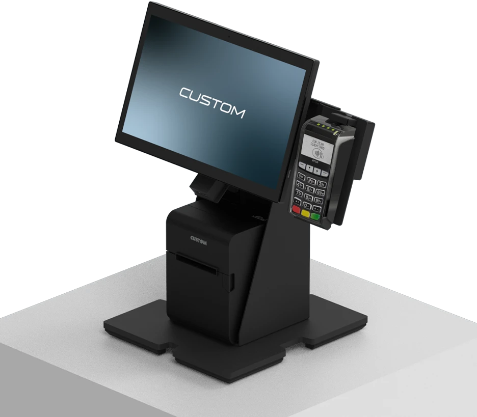 Custom Connect multifunctional stand with portrait monitor, receipt printer and payment terminal